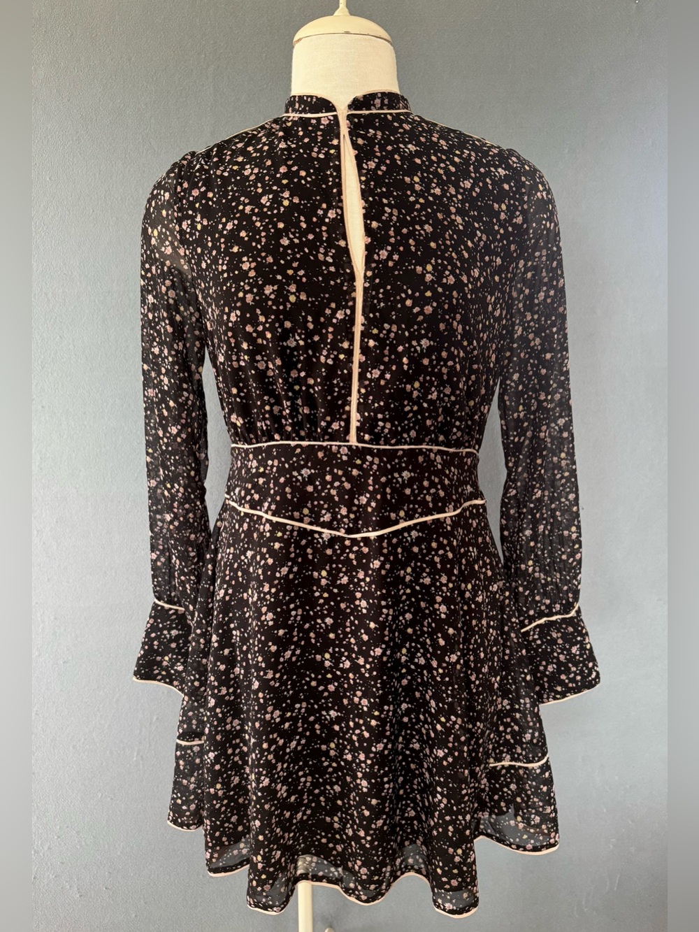 AllSaints Kay Pepper Dress US 10 Black Floral Long Sleeve Mini Sheer Ruffle Hem - Picture 3 of 8